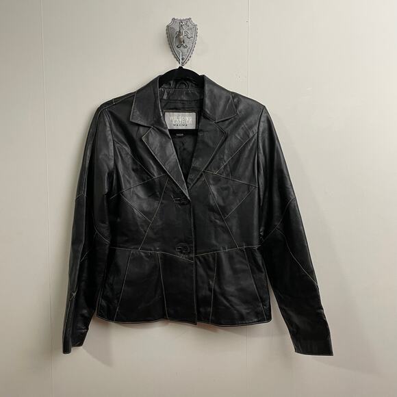 Wilson’s Leather M leather jacket patchwork tan stitching button collar blazer - Picture 1 of 7